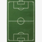 Full top-down product isolated shot of the rectangular green soccer field area rug featuring white pitch line markings.