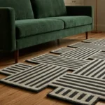 Low angle floor-level perspective highlighting the plush hand-tufted pile depth, crisp linear edge boundaries, and structural non-rectangular design silhouette of the Grid Theory accent rug.