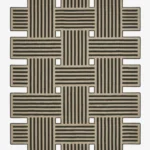 Full top-down product isolated shot of the irregular, geometric Grid Theory area rug featuring a 3D optical basket weave layout composed of intersecting olive beige and charcoal black linear stripes with square cutout negative spaces.