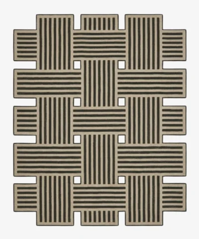 Full top-down product isolated shot of the irregular, geometric Grid Theory area rug featuring a 3D optical basket weave layout composed of intersecting olive beige and charcoal black linear stripes with square cutout negative spaces.