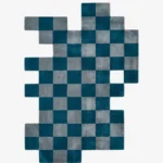 Full top-down product isolated shot of the uniquely shaped Gridlock irregular area rug featuring a teal and gray checkered pattern.