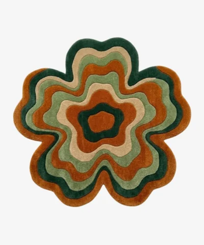 Full top-down product isolated shot of the flower-shaped Groovy irregular area rug featuring retro wavy concentric rings of forest green, terracotta, light green, and beige.