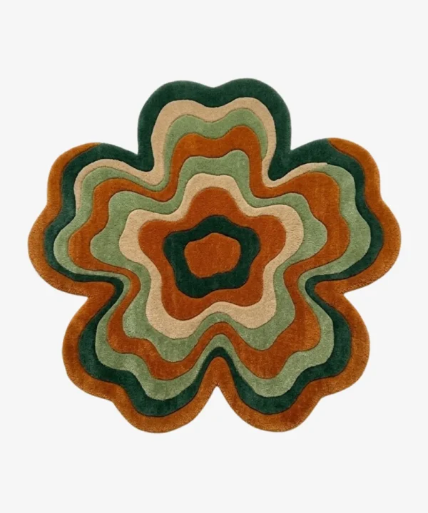 Full top-down product isolated shot of the flower-shaped Groovy irregular area rug featuring retro wavy concentric rings of forest green, terracotta, light green, and beige.