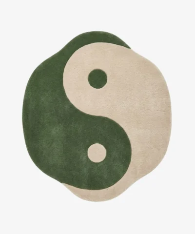 Full top-down view of the Harmony Flow rug isolated on a plain white background, featuring a classic yin yang design rendered in solid blocks of sage green and off-white.