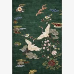 Full top-down product isolated shot of the dark green Imperial Crane Garden rug featuring traditional crane and floral motifs.