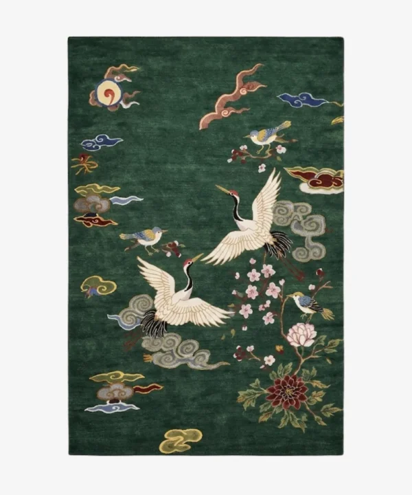 Full top-down product isolated shot of the dark green Imperial Crane Garden rug featuring traditional crane and floral motifs.