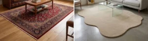 Side by side design comparison showing an intricate red traditional oriental rug next to a modern cream irregular wavy scalloped rug styled in living rooms.