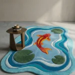 Wide perspective interior lifestyle shot of the Japanese Koi Fish Garden rug styled on a concrete floor next to a modern wooden side table.