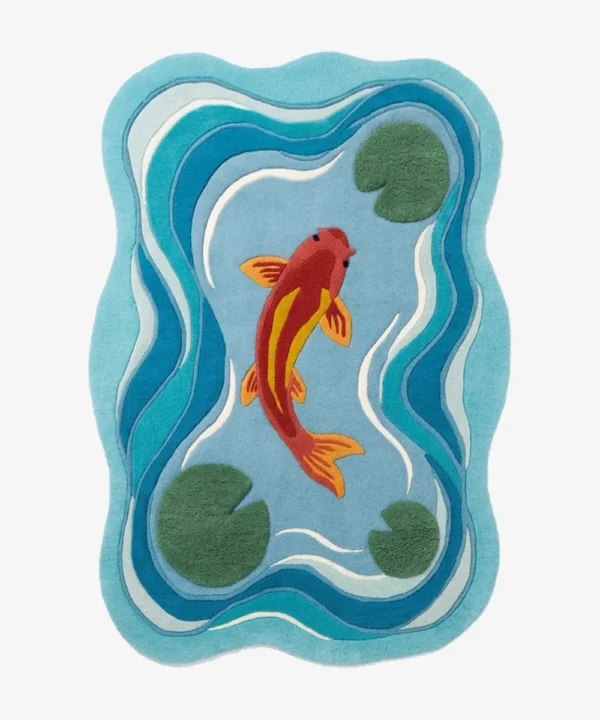 Full top-down product isolated shot of the uniquely shaped Japanese Koi Fish Garden area rug featuring a single red and yellow koi swimming in a blue pond with green lily pads.