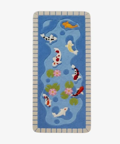 Full top-down view of the rectangular Koi Fish Pond runner rug isolated on a white background, featuring swimming koi fish, green lily pads, and a stone-brick patterned border.