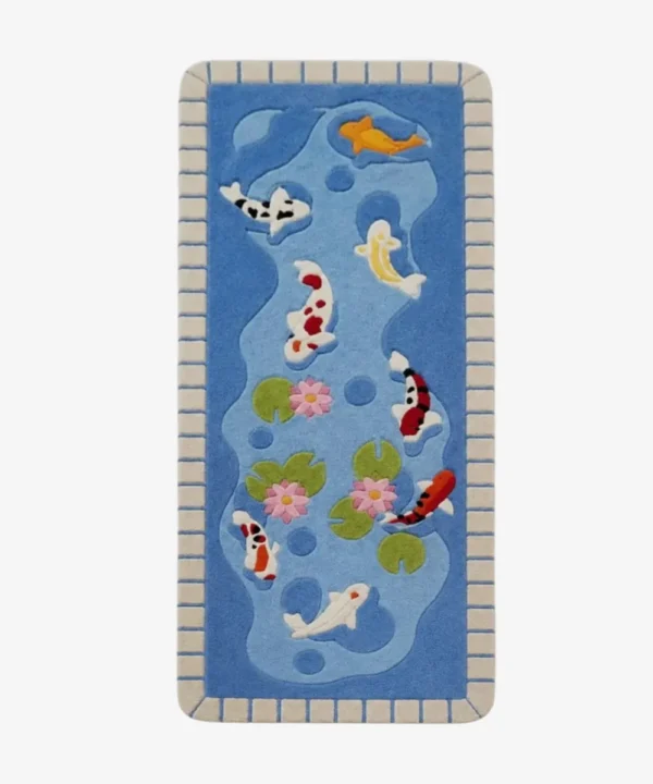 Full top-down view of the rectangular Koi Fish Pond runner rug isolated on a white background, featuring swimming koi fish, green lily pads, and a stone-brick patterned border.