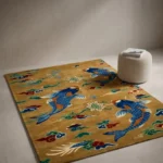Full overhead shot of the hand-tufted Koi Pond rug featuring blue koi fish and floral motifs styled in a modern room.