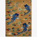 Full top-down product isolated shot of the rectangular gold Koi Pond rug with detailed fish and cloud patterns.
