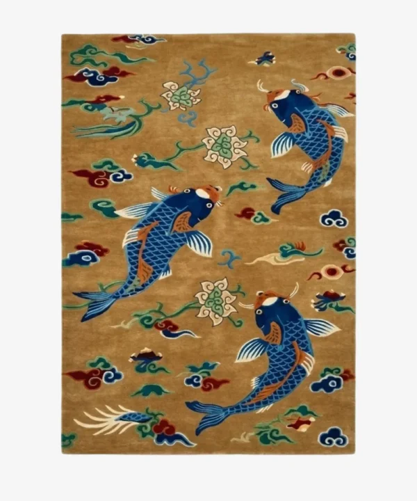 Full top-down product isolated shot of the rectangular gold Koi Pond rug with detailed fish and cloud patterns.