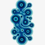 Full top-down product isolated shot of the uniquely shaped Lagoon Loop abstract runner rug featuring a retro psychedelic pattern of interconnected wavy lines and concentric circles in vibrant blues.