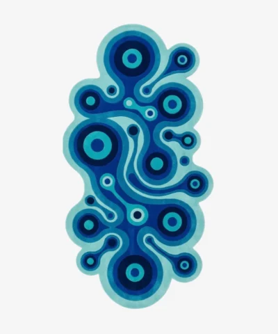 Full top-down product isolated shot of the uniquely shaped Lagoon Loop abstract runner rug featuring a retro psychedelic pattern of interconnected wavy lines and concentric circles in vibrant blues.