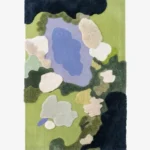 Full top-down product isolated shot of the rectangular Lilypond abstract area rug featuring a multi-level tufted landscape design with green fields, a blue water pond, and soft cream-colored lily pads.