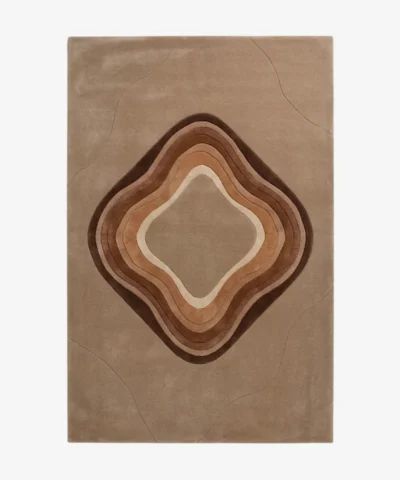 Full top-down isolated product shot of the Luma brown geometric area rug featuring concentric wavy shapes in varying shades of brown and beige.