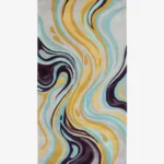 Full top-down product isolated shot of the rectangular Luma River abstract rug featuring a dynamic fluid wave design in swirling shades of golden yellow, turquoise blue, deep purple, and light grey.