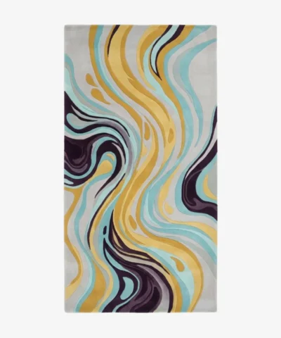 Full top-down product isolated shot of the rectangular Luma River abstract rug featuring a dynamic fluid wave design in swirling shades of golden yellow, turquoise blue, deep purple, and light grey.