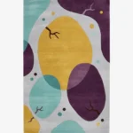Full top-down isolated product shot of the rectangular Lunara Fields area rug featuring an abstract mid-century design with large organic shapes in yellow, purple, and teal on a light gray field.