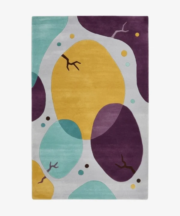 Full top-down isolated product shot of the rectangular Lunara Fields area rug featuring an abstract mid-century design with large organic shapes in yellow, purple, and teal on a light gray field.
