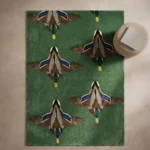 Overhead interior shot of the rectangular Mallard Duck Flight rug styled on a neutral floor next to a modern stone stool.