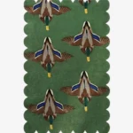 Full top-down product shot of the hand-tufted Mallard Duck Flight rug featuring a unique scalloped border.