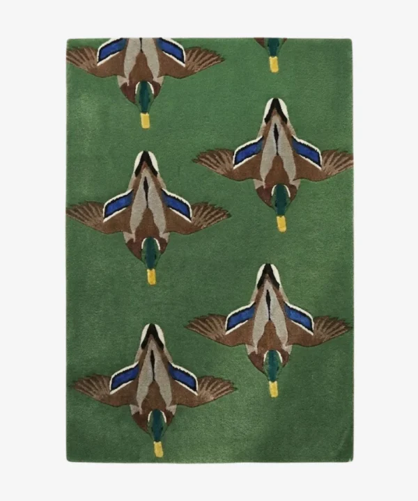 Full top-down view of the rectangular straight-edged version of the Mallard Duck Flight hand-tufted rug.