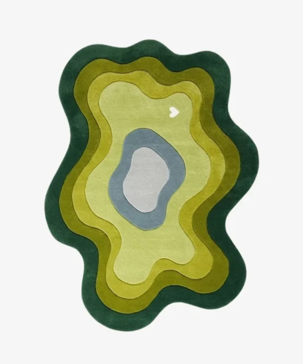 Full top-down view of the custom fluid Mireform rug isolated on a plain white background, highlighting its concentric wavy design in layered shades of green, olive, chartreuse, blue, and gray.