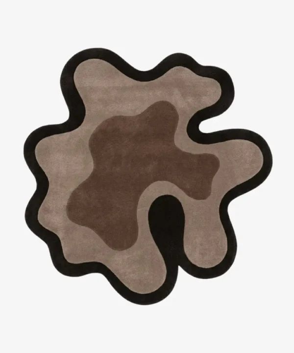 Full top-down view of the custom fluid Mocha Drift rug isolated on a plain white background, highlighting its asymmetrical wavy layers in solid espresso, taupe, and mocha brown.