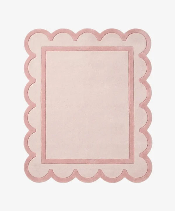 Full top-down product isolated shot of the light pink and dusty rose Morganite Crystal scalloped area rug.