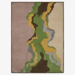 A full top-down studio product photograph of the rectangular Moss Vein area rug, featuring an abstract, organic topographic pattern in layered shades of green, brown, yellow, and grey.