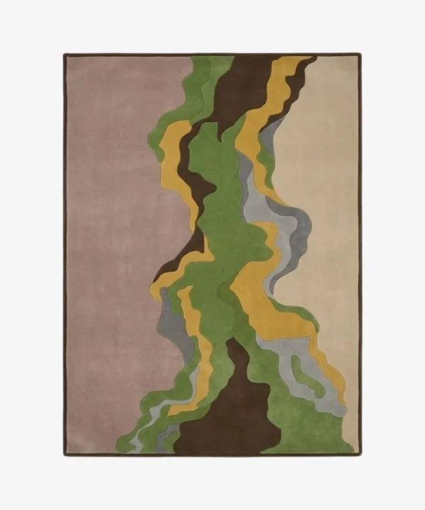 A full top-down studio product photograph of the rectangular Moss Vein area rug, featuring an abstract, organic topographic pattern in layered shades of green, brown, yellow, and grey.