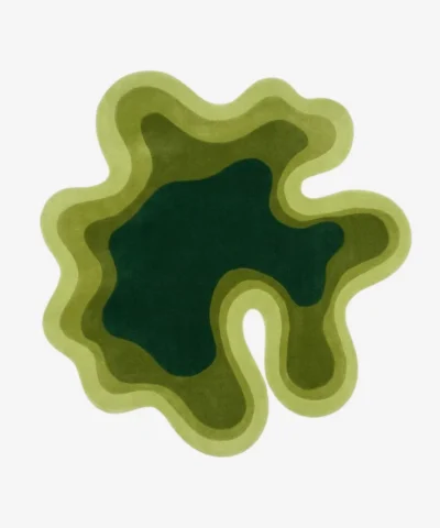 Full top-down view of the custom fluid Mosswave rug isolated on a white background, highlighting its concentric wavy design in layered blocks of lime, moss, and forest green.