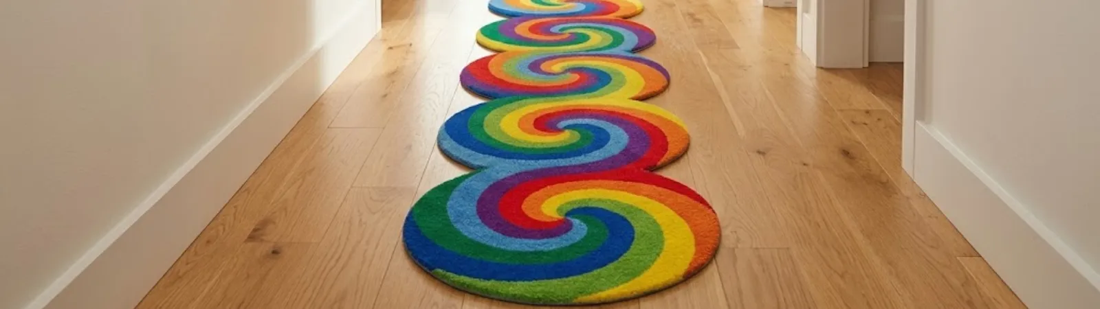 Wide view of a long, custom-shaped rainbow swirl runner rug stretching down a bright hallway with light wooden floors, acting as the header image for the article why every busy home needs a non slip runner rug.