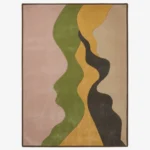Full top-down product isolated shot of the rectangular Olive Canvas area rug, featuring an organic abstract color-blocked pattern with undulating wavy ribbons of olive green, mustard yellow, charcoal gray, beige, and dusty pink.