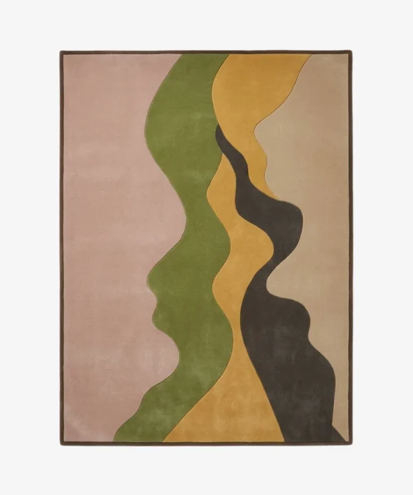 Full top-down product isolated shot of the rectangular Olive Canvas area rug, featuring an organic abstract color-blocked pattern with undulating wavy ribbons of olive green, mustard yellow, charcoal gray, beige, and dusty pink.