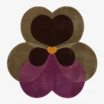 Full top-down product isolated shot of the flower-shaped Plum Orchid area rug featuring an organic botanical petal design in shades of plum purple, deep chocolate brown, olive green, and an orange center heart accent.