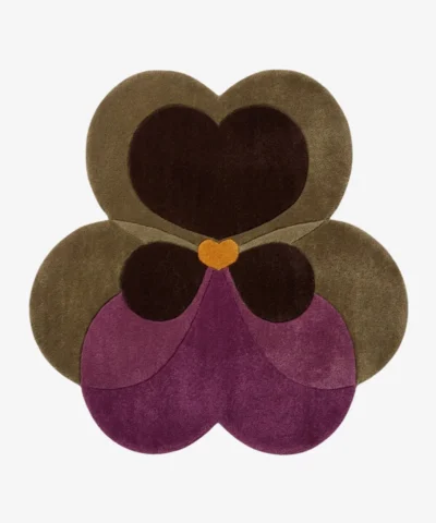 Full top-down product isolated shot of the flower-shaped Plum Orchid area rug featuring an organic botanical petal design in shades of plum purple, deep chocolate brown, olive green, and an orange center heart accent.