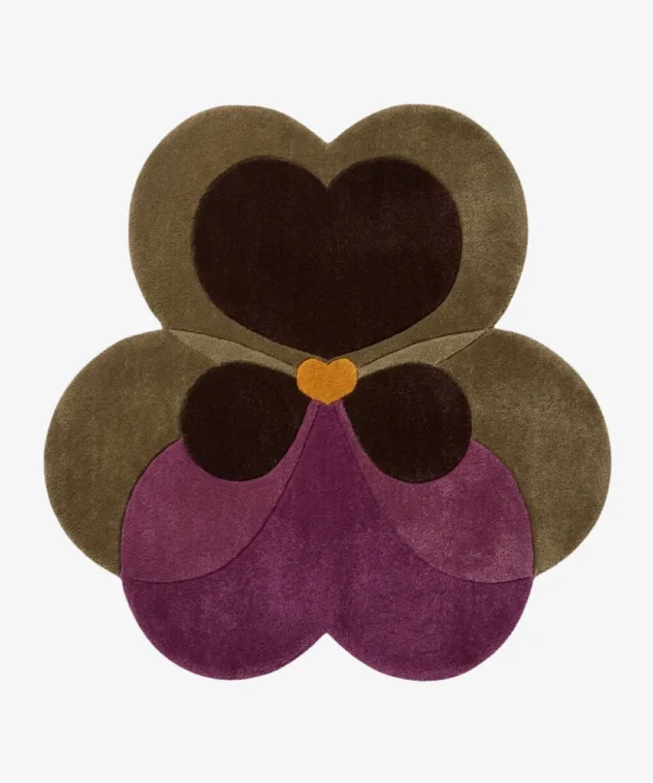 Full top-down product isolated shot of the flower-shaped Plum Orchid area rug featuring an organic botanical petal design in shades of plum purple, deep chocolate brown, olive green, and an orange center heart accent.