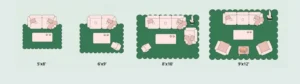 How to choose the right rug size for your space showing living room rug size examples in 5x8, 6x9, 8x10, and 9x12 dimensions with furniture placement layouts to help select the best area rug size for any room.