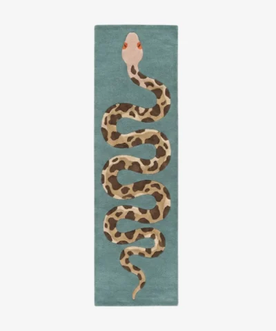 Full top-down product isolated shot of the rectangular teal Serpent Runner rug featuring a detailed snake design.