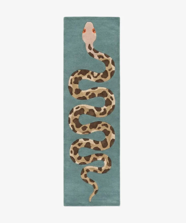 Full top-down product isolated shot of the rectangular teal Serpent Runner rug featuring a detailed snake design.