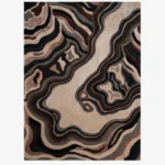 Full top-down product isolated shot of the rectangular Shadow Canyon area rug featuring a complex, fluid topographical map design in layers of beige, brown, charcoal, and black.