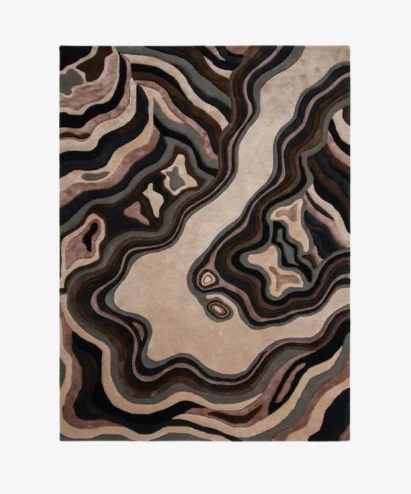 Full top-down product isolated shot of the rectangular Shadow Canyon area rug featuring a complex, fluid topographical map design in layers of beige, brown, charcoal, and black.