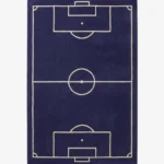 Full top-down product isolated shot of the rectangular blue soccer field area rug featuring white pitch line markings.