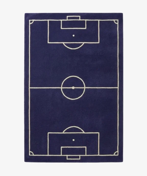 Full top-down product isolated shot of the rectangular blue soccer field area rug featuring white pitch line markings.