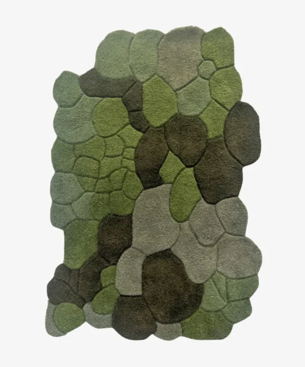 Full top-down product isolated shot of the organic, stone-patterned Stone Moss area rug in various shades of green.