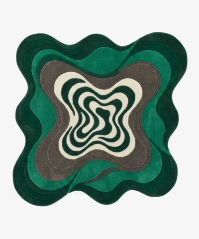 Full top-down view of the custom-shaped Strata rug isolated on a white background, featuring an organic topographical layout in layered green, gray, and off-white solid color blocks.